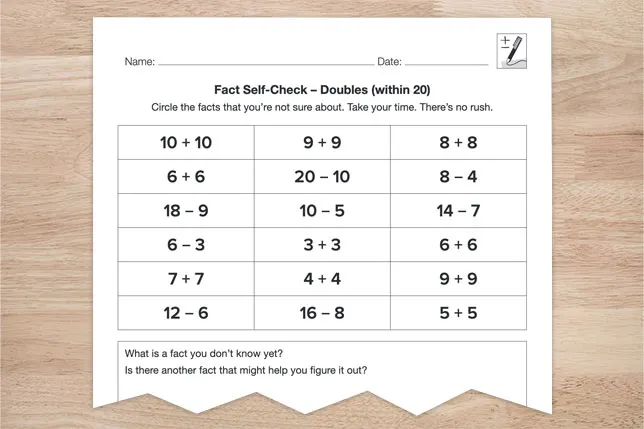 Partial page view of Fact Self-Check—Doubles (within 20)