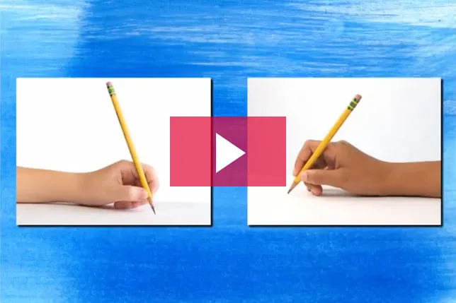 Video screenshot shows side-by-side photos of correct left-handed pencil position and right-handed pencil position