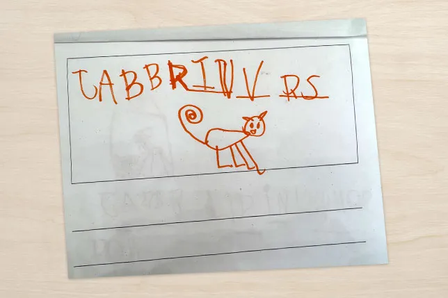 Student work featuring a drawing of a cat and ten random uppercase letters across the page