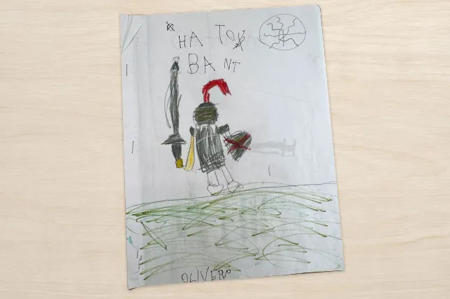 Student work featuring a drawing of a knight and some attempt at writing "How to Be a Knight"