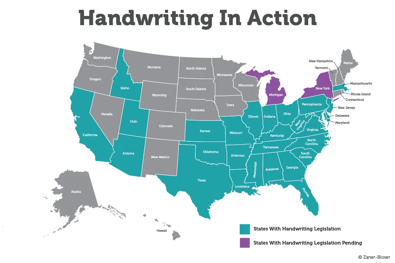 United States map showing which states have cursive handwriting laws