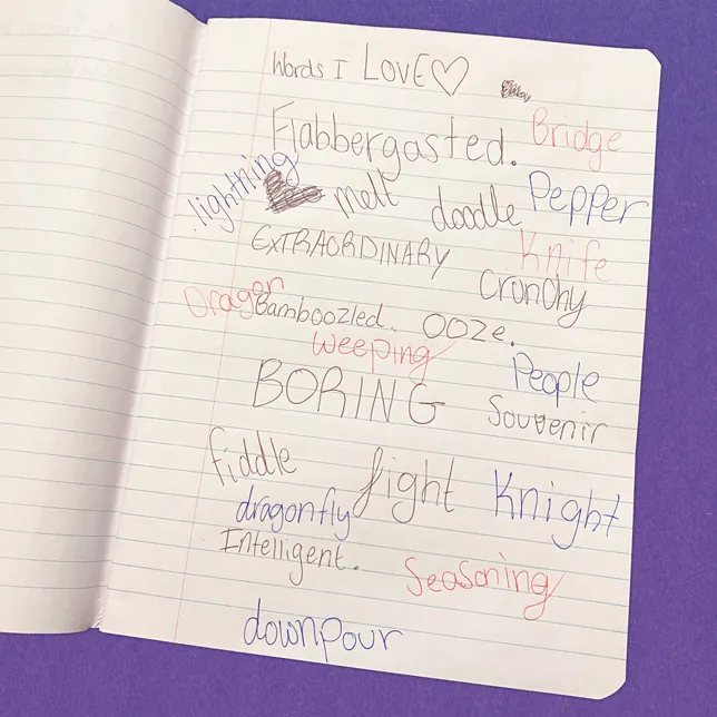 Image of notebook shows a list of Words I Love in student handwriting