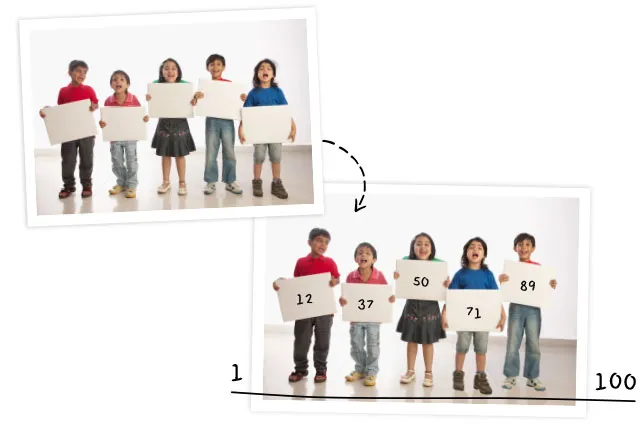 Two images show students lined up next to each other—holding blank pieces of paper in one and revealing numbers in the other.