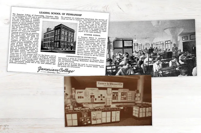 Collage of historical photographs and news article about Zaner-Bloser and the Zanerian College