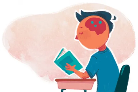 Decorative illustration of student's active brain while reading a book