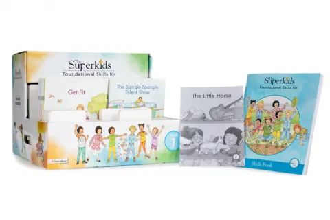 The Superkids Foundational Skills Kit © 2020 Grade 1 resources including Teacher Resources Box, Skills Book, and sample Decodable Book