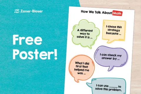 Free classroom poster featuring math conversation starters to support peer-to-peer talk. 