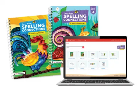 Spelling Connections teacher guide, student edition, and screenshot of digital dashboard in MyZBPortal.com