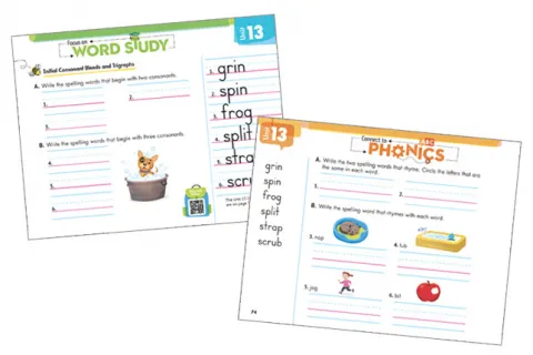 Two pages from Spelling Connections Student Edition showing Word Study activities and Phonics activities for words with consonant blends.