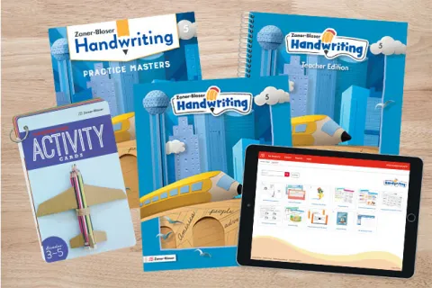 Zaner-Bloser Handwriting Grade 5 materials displayed on table, including a Teacher Edition, Student Edition, Practice Masters, activity cards, and table with MyZBPortal.com screenshot and  
