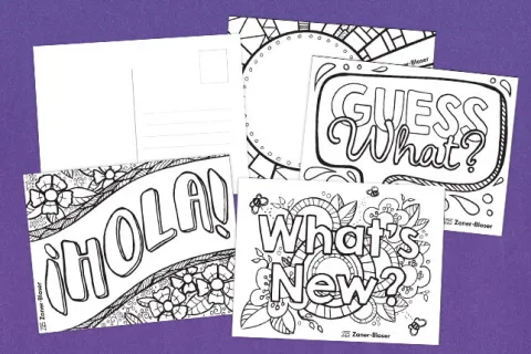 Group of postcards featuring intricately designed fronts and friendly text