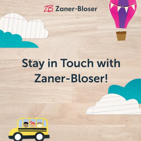 Stay in Touch with Zaner-Bloser image with school bus, clouds, and hot air balloon