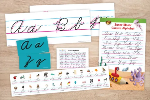 Collage of materials such as alphabet wall strips and write-on wipe-off practice boards, etc.