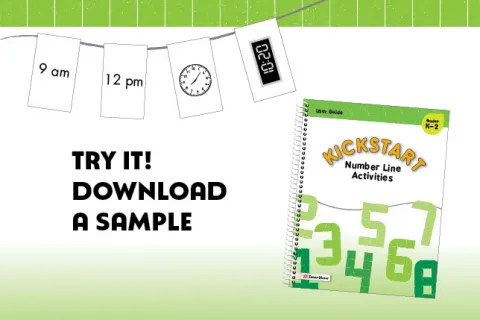 Kickstart Number Line Activities cover image with illustration of written, analog, and digital times hanging on a number line