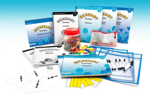 Kickstart Fractions Base Package with Teacher Guides, Activity Cards, and hands-on student materials visible