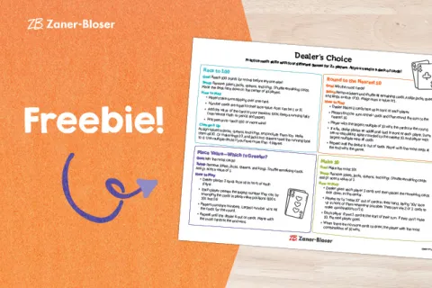 Promotional image of one-page Dealer's Choice math games printable
