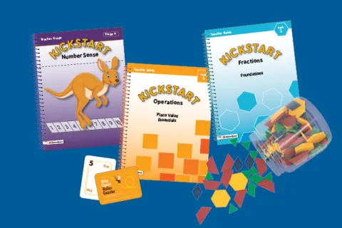 Kickstart: Number Sense, Kickstart: Operations, and Kickstart: Fractions Teacher Guides with jar of pattern blocks and Skip Count Roller Coaster cards