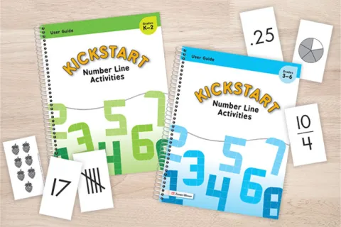 Fanned display of Kickstart: Number Line Activities User Guides and sample number cards